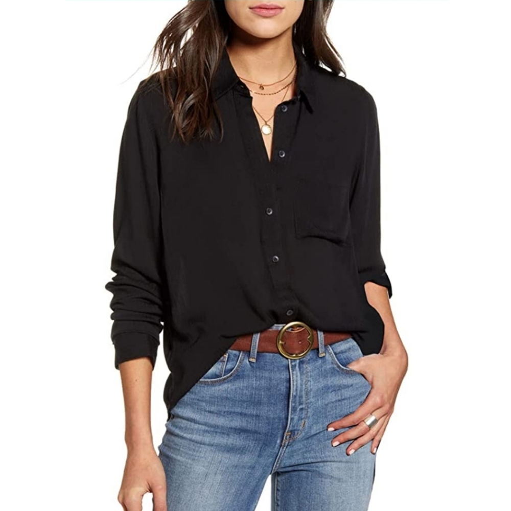 Black chiffon women's button up dress shirt XL